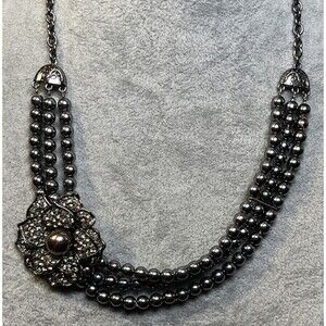 VCLM Multi Strand Silvertone Faux Pearl Rhinestone Flower Accent Necklace